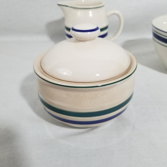 VTG cream with green and blue strip sugar, creamer and bowl set. - Picture 4 of 10